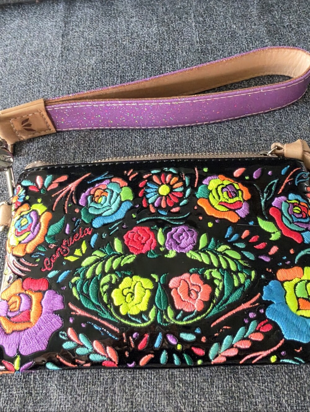 Consuela Black Embroidered Floral Wristlet with Purple Strap